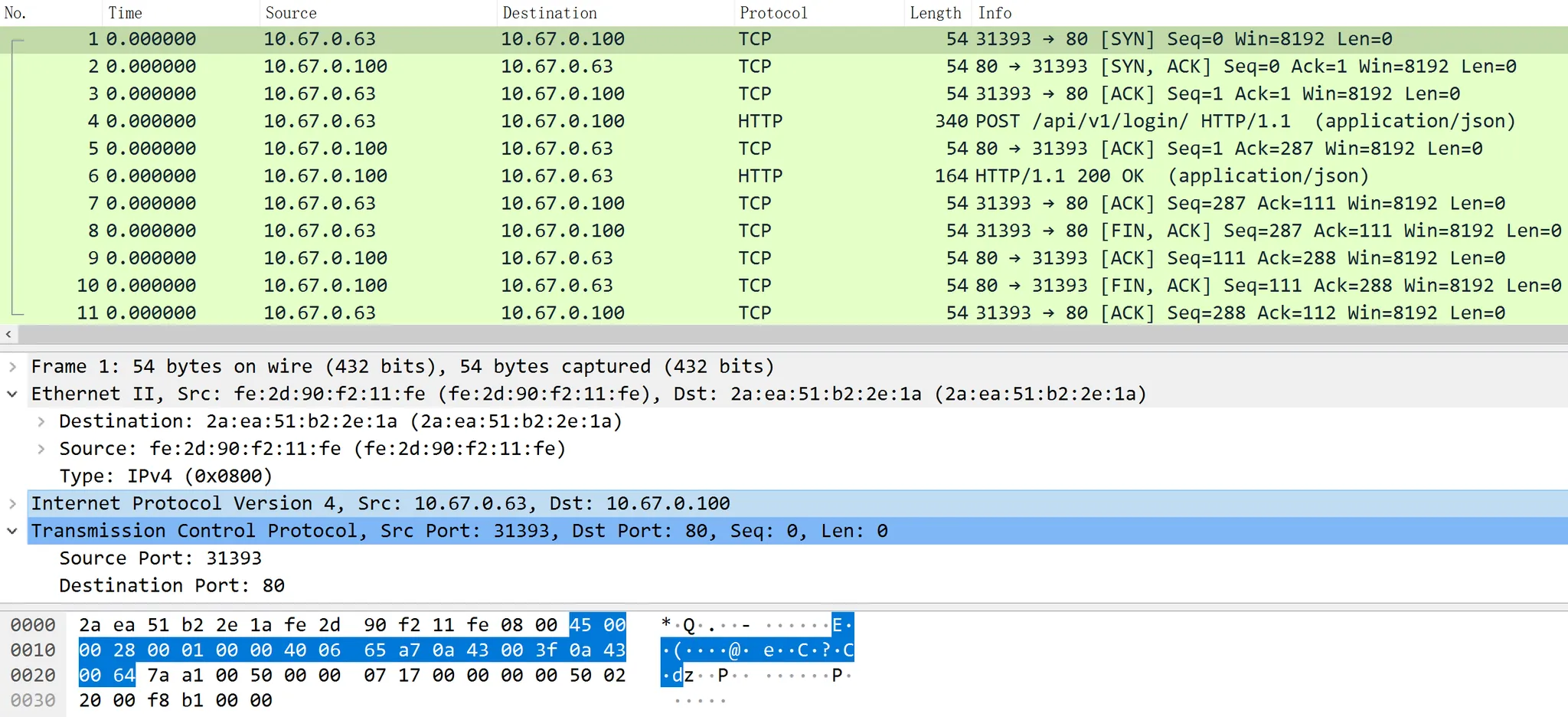 图 3.3.2 使用 Wireshark 查看第一个数据包